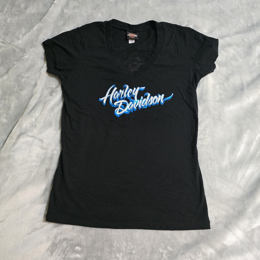 Harley Davidson Womens V Neck T-Shirt Large Black Blue Grey Foil HD Of Tampa '22